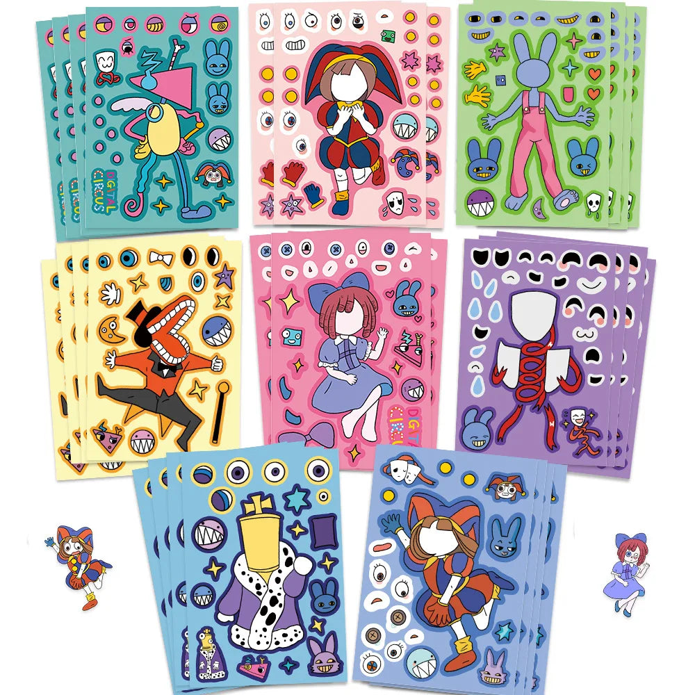 8-Sheet Cartoon Digital Circus Face Puzzle Stickers – DIY Expression Matching Game and Creative Educational Toy for Kids