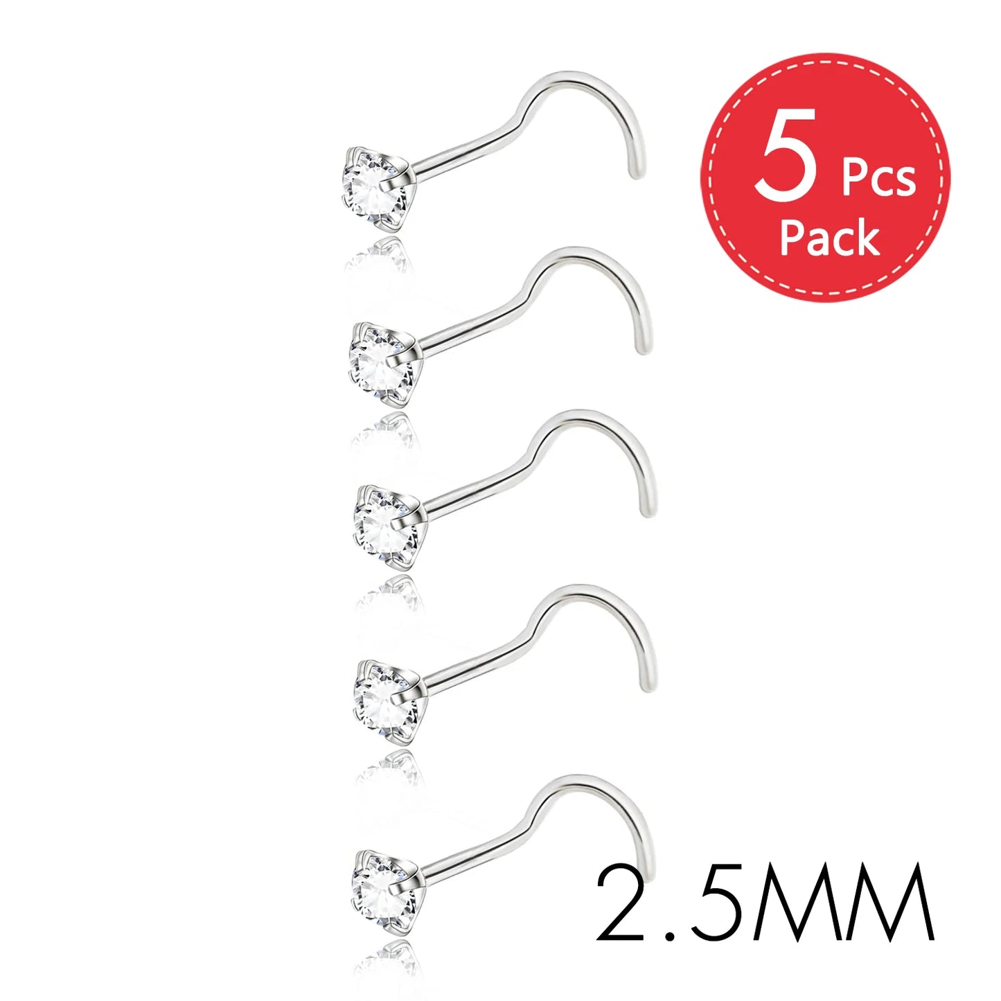 5PCS Stainless Steel Nose Ring Studs — Crystal Nostril Piercing Jewelry for Women & Girls, 1.5/2.0/2.5/3.0mm, 20G