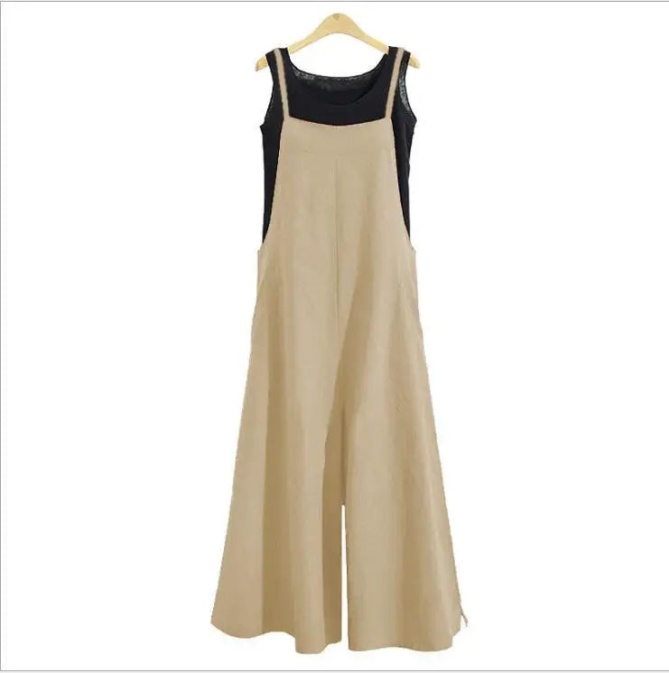 Women’s Summer Wide Leg Jumpsuit Overalls – Solid Color Sleeveless Cotton Linen Bib Dungaree, Casual Loose Fit Plus Size 5XL