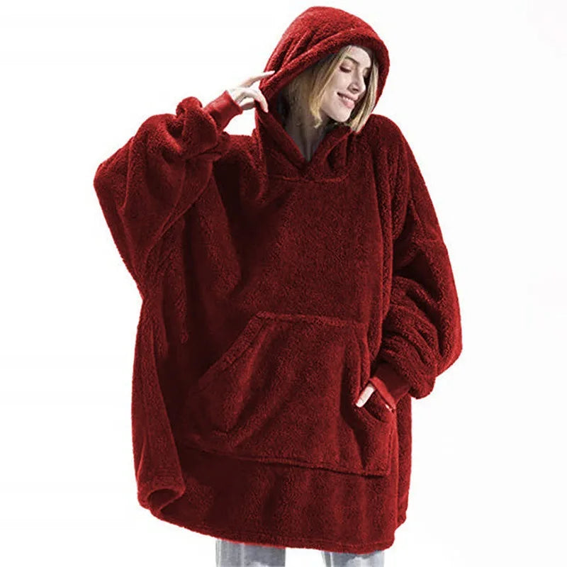 Oversized Fleece Hoodie Blanket - Warm Double-Faced Sherpa Robe with Large Pocket for Women & Men