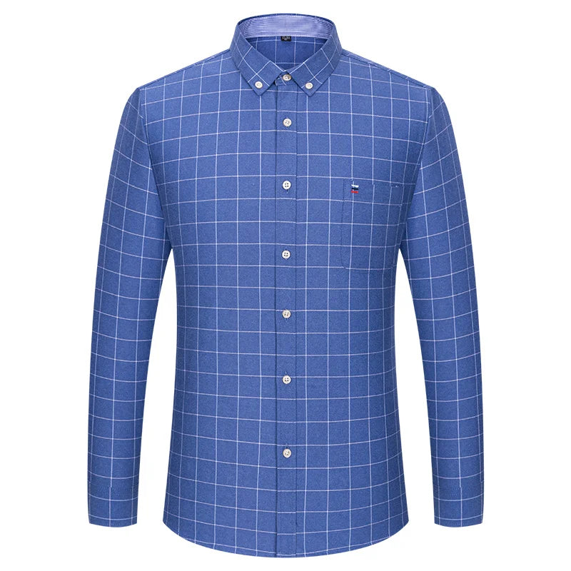 Men's 100% Cotton Oxford Plaid Shirt - Soft Regular Fit Long Sleeve Formal Dress Shirt with Pocket S-7XL