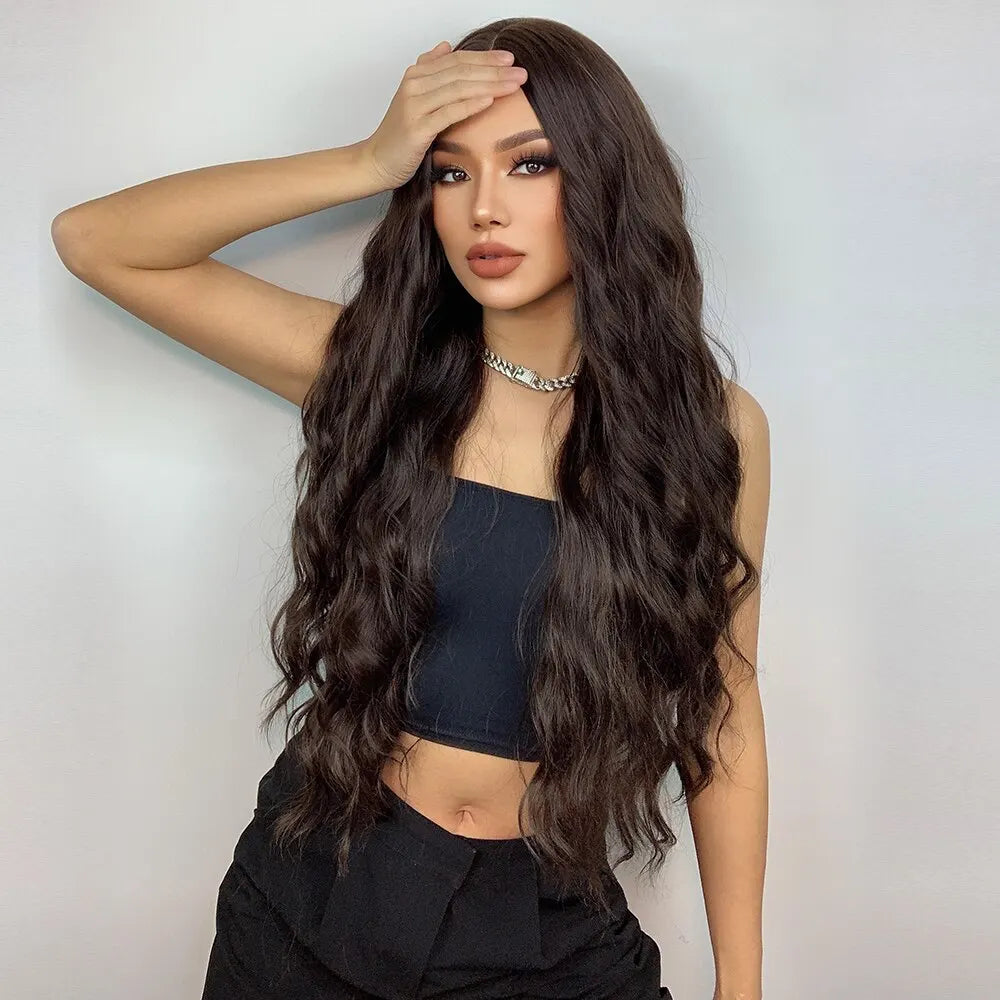 HAIRCUBE Long Brown Curly Wavy Wig: Synthetic Middle Part Wig for Women - Heat Resistant, Perfect for Any Occasion