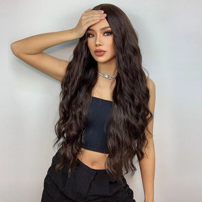HAIRCUBE Long Brown Curly Wavy Wig: Synthetic Middle Part Wig for Women - Heat Resistant, Perfect for Any Occasion