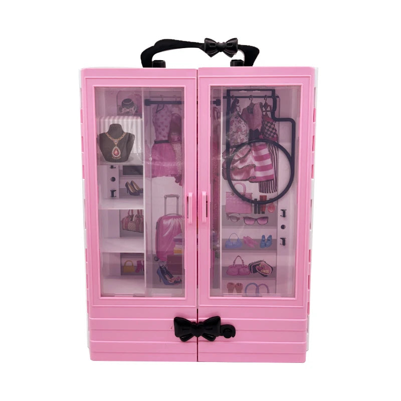 Pink Doll Wardrobe Playset with 10 Hangers – Fold-Out Portable Closet Fashion Toy Gift