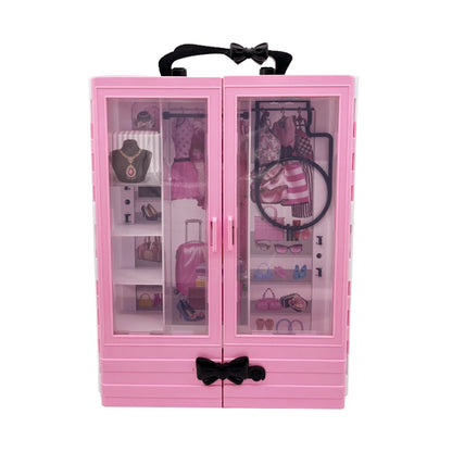 Pink Doll Wardrobe Playset with 10 Hangers – Fold-Out Portable Closet Fashion Toy Gift