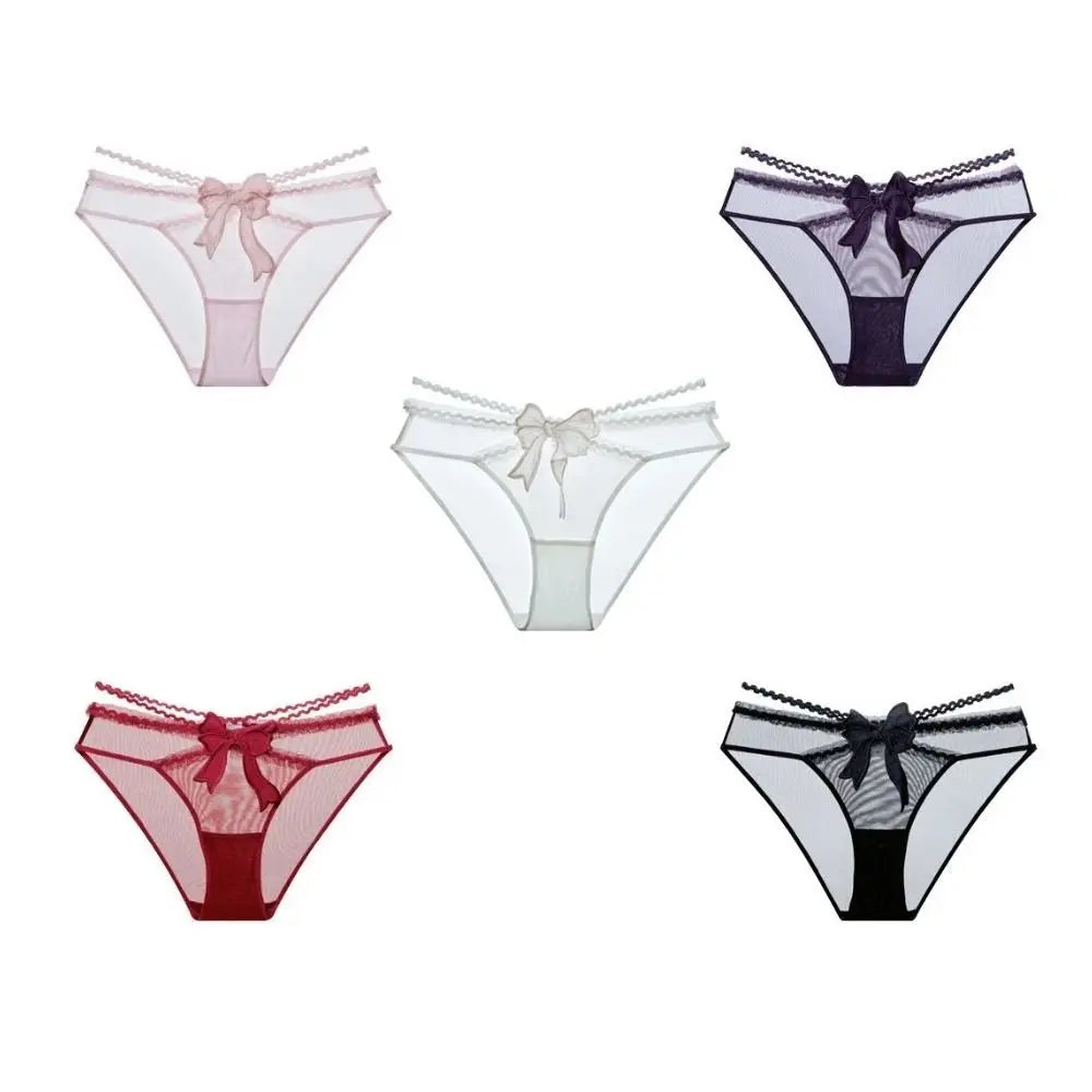 Women’s Low-Waist Lace Briefs - Breathable Mesh Sheer Panties with Bow Detail