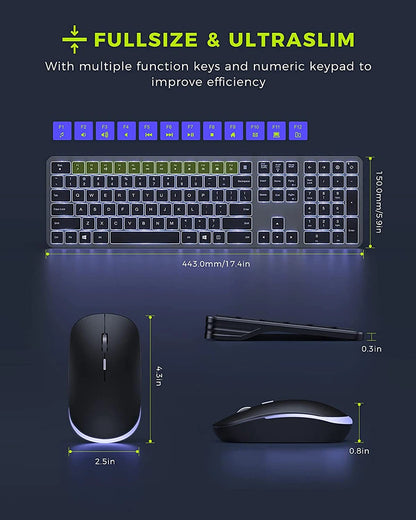 Wireless Backlit Keyboard and Mouse Combo – 2.4G USB Rechargeable Silent Full-Size Slim Set