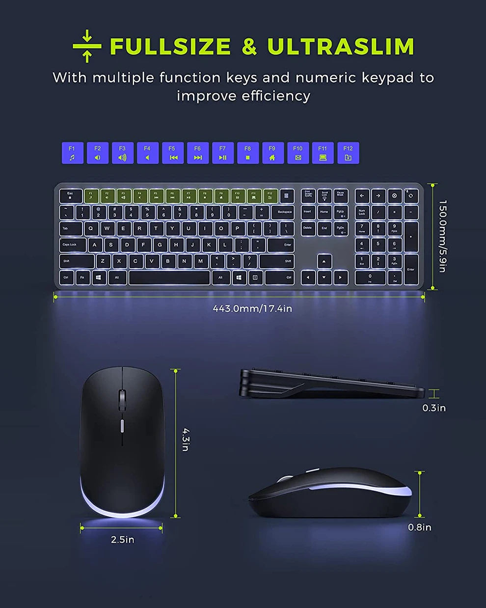 Backlit Wireless Keyboard and Mouse Combo – 2.4G USB Rechargeable Silent Full-Size Slim Set