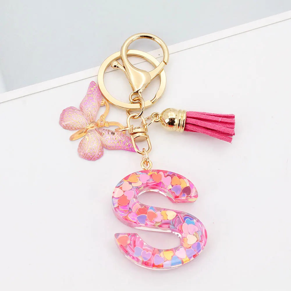 A-Z Letter Acrylic Keychain - Pink Butterfly Tassel Bag Charm & Key Ring