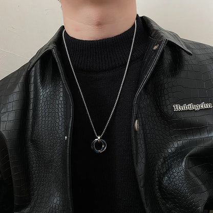 Men’s Hip Hop Three Ring Necklace – Titanium Steel Red Pendant, Fade Resistant Statement Jewelry
