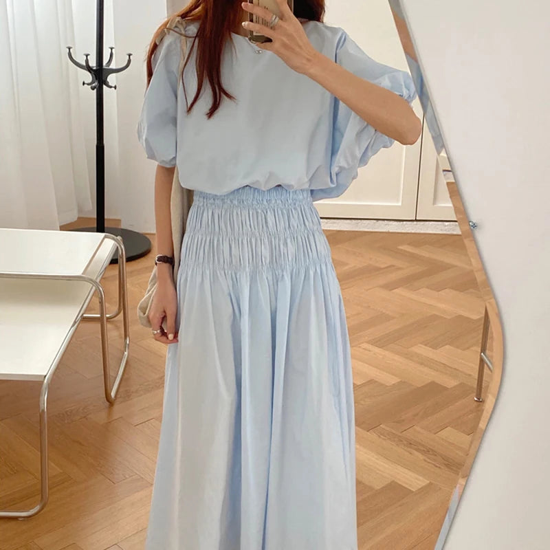Oversized Summer Women’s 2-Piece Skirt Set – Puff Sleeve Crop Top & Pleated A-Line Long Skirt