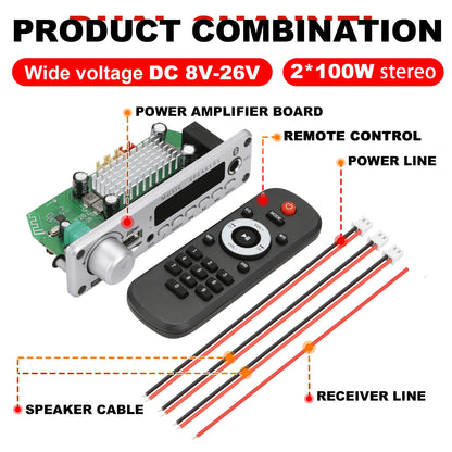 200W Bluetooth Amplifier Board - DIY MP3 WAV Decoder with USB, TF Card, FM Radio & Microphone, DC 12V
