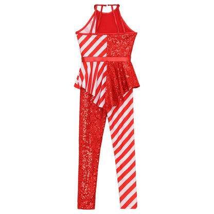 Kids Candy Cane Striped Christmas Tutu Leotard — Sequined Santa Bodysuit for Ballet & Gymnastics