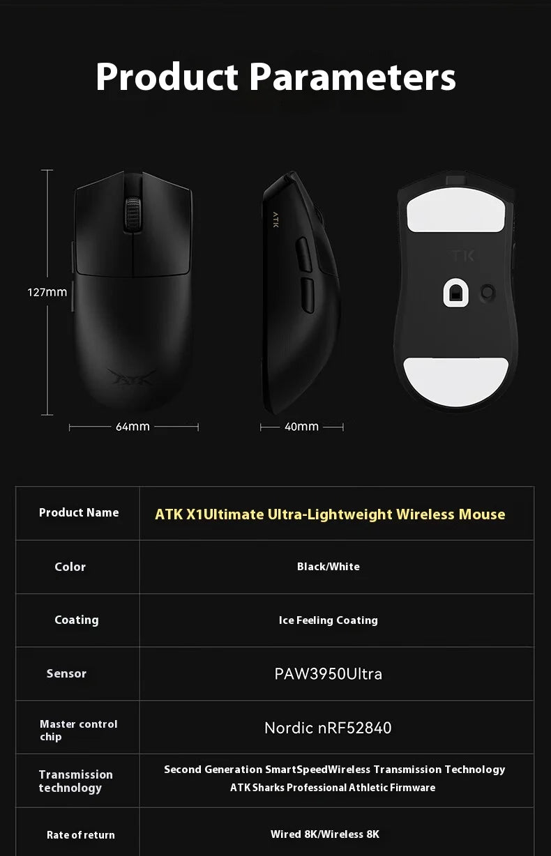 NEW ATK X1 Ultimate Wireless Gaming Mouse — PAW3950 Ultra, 8K Polling Rate, 2.4G, 0.3ms, 500mAh, 750IPS, 42,000 DPI for PC & Laptop