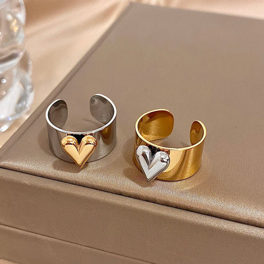 Greatera Stainless Steel Heart Cuff Ring – Wide Thick Statement Jewelry for Women & Men, European American Style