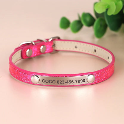 Personalized Cat Collar — Bling PU Leather Adjustable Collar with Custom ID Necklace for Cats, Kittens & Small Dogs