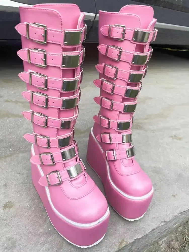 Women’s Gothic Boots – Cosplay High Heel Platform Wedges, Buckle Strap Long Tube Leather Boots, Plus Size Options