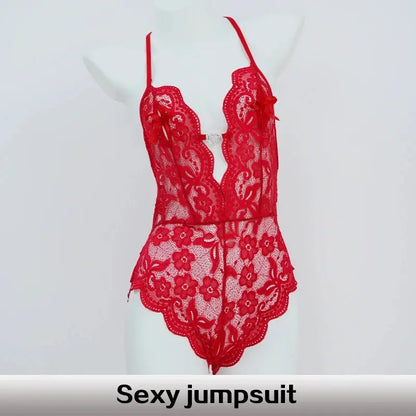 Sexy Lace Lingerie Set for Women - Deep V Open Bra and Transparent Bodysuit Dress, Hot Porn Underwear Set