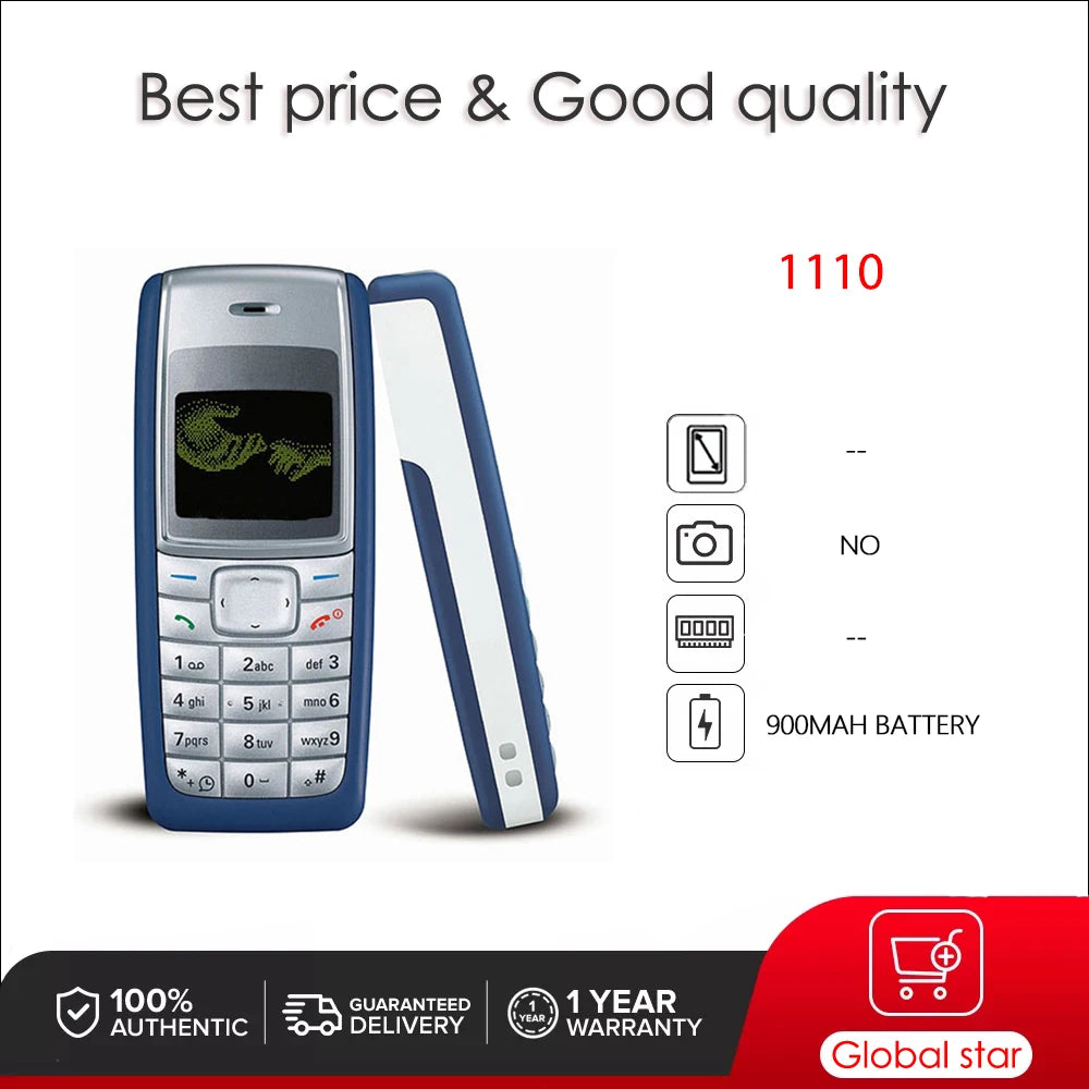 Original Unlocked Nokia 1110 Mobile Phone – Loudspeaker, Multi-Language Keyboard (Russian, Arabic, Hebrew, English), Made in Finland
