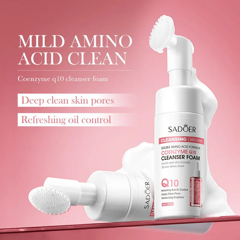 SAODER Q10 & Vitamin C Facial Cleanser — Moisturizing Brightening Face Wash Foam for Gentle Skin Cleansing