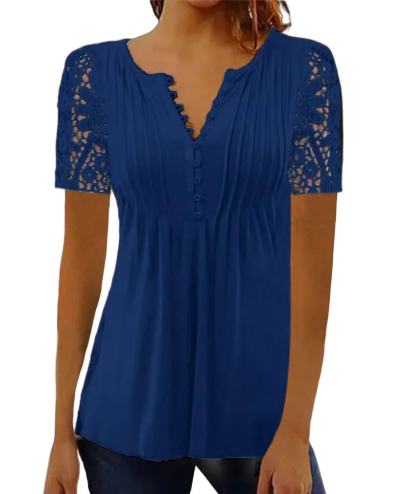Women’s Summer Floral Lace V-Neck Blouse – Loose Fit Short Sleeve Casual Elegant Printed Fashion Shirt for Spring & Summer Wear
