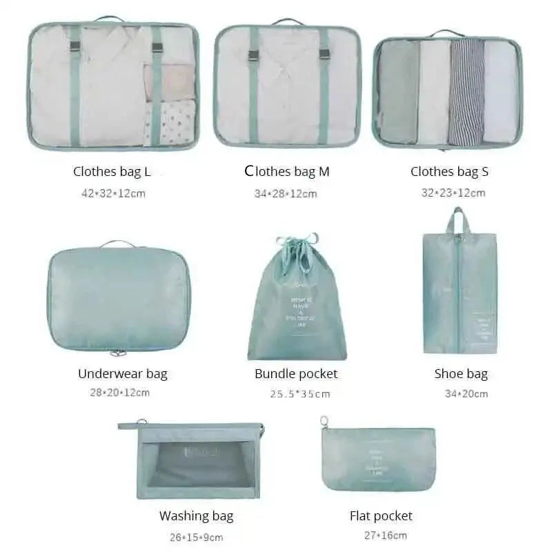 8-Piece Travel Storage Bag Set - Waterproof Luggage Clothes Sorting Bags in Black/Blue/Grey, Large Capacity