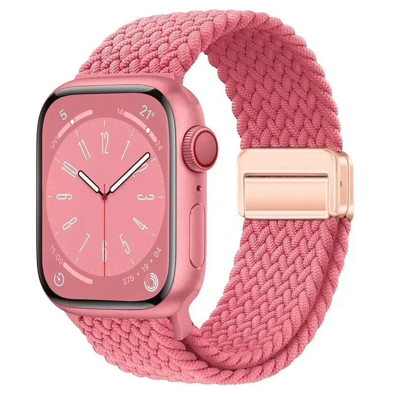 Nylon Braided Loop Apple Watch Band – Magnetic Metal Bracelet Strap for Ultra 2, Series 3–9 & SE (40mm–49mm) Adjustable Wristband