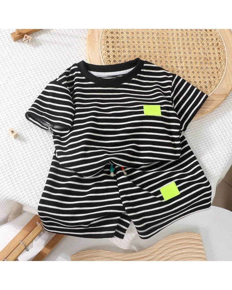2PCS Kids Summer Outfit – Cotton Short Sleeve Tee & Shorts Set for Boys, Black & White Stripe