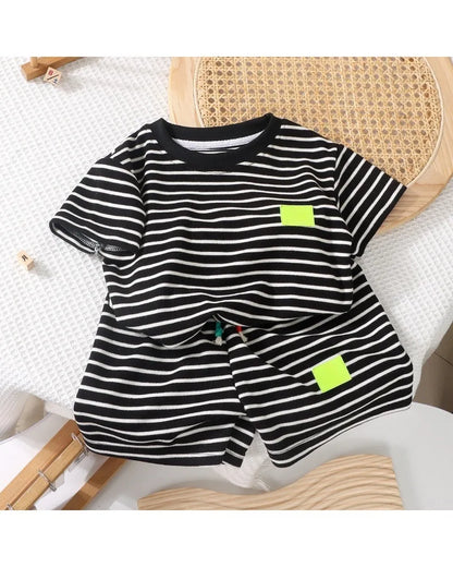 2PCS Kids Summer Outfit – Cotton Short Sleeve Tee & Shorts Set for Boys, Black & White Stripe