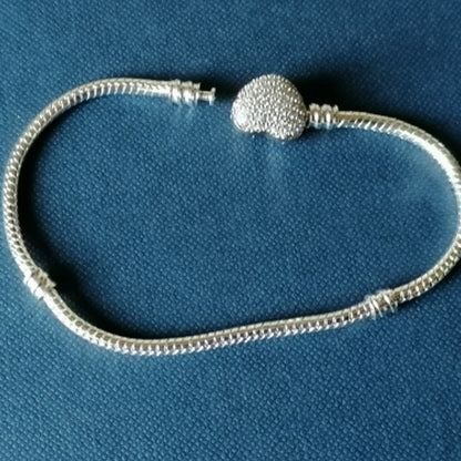 Silver Color Heart Bracelet - Shiny Zircon Love Bracelet for Women, Fits Original Charm Jewelry Gift