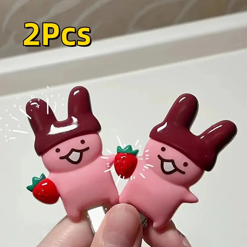 4Pc Strawberry Chocolate Bunny Hairpins - Cute Cartoon Plastic Hair Accessories for Girls & Women
