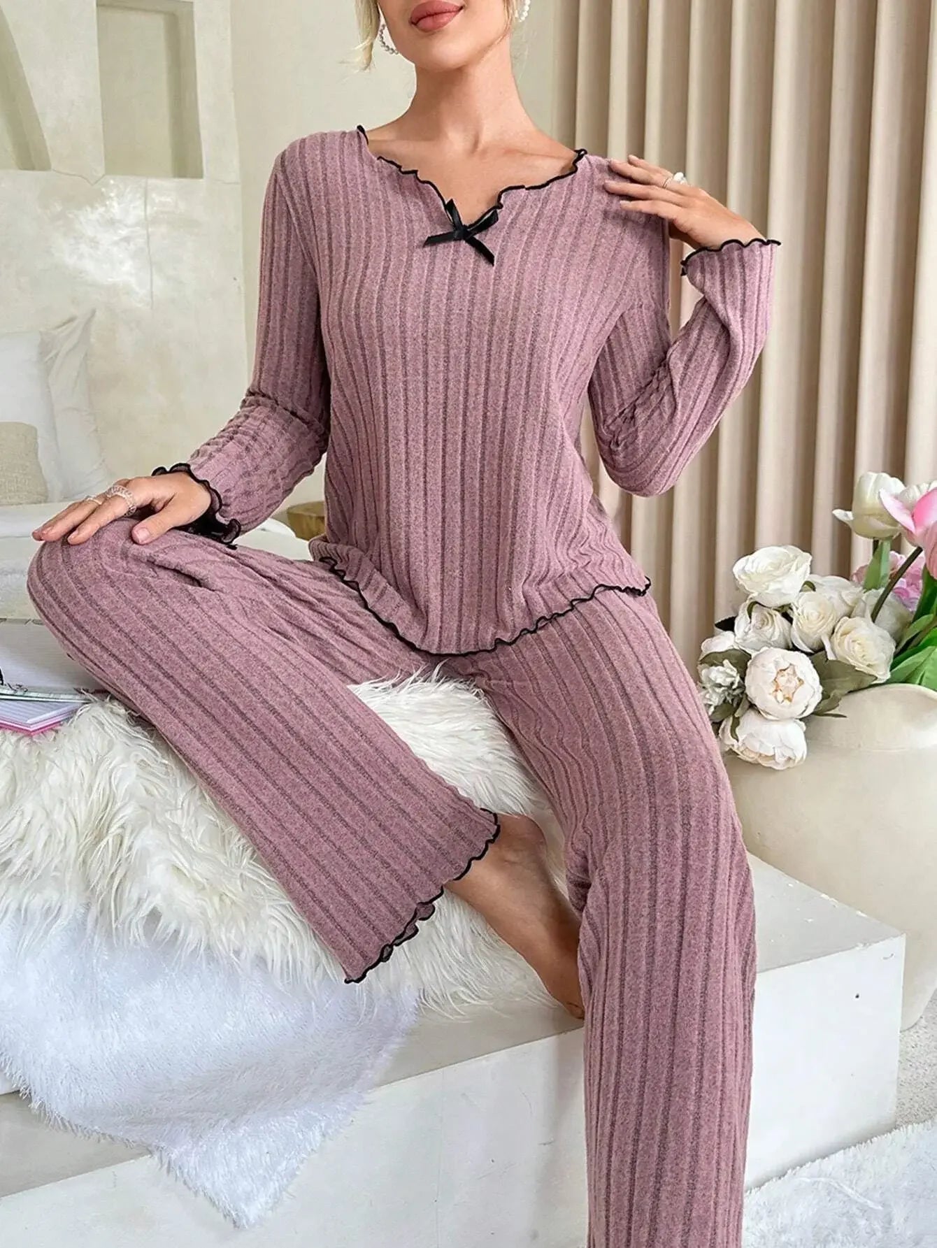 Women’s Autumn & Winter Ribbed Pajama Set – Long-Sleeve Top and Pants, 2-Piece Casual Homewear Loungewear