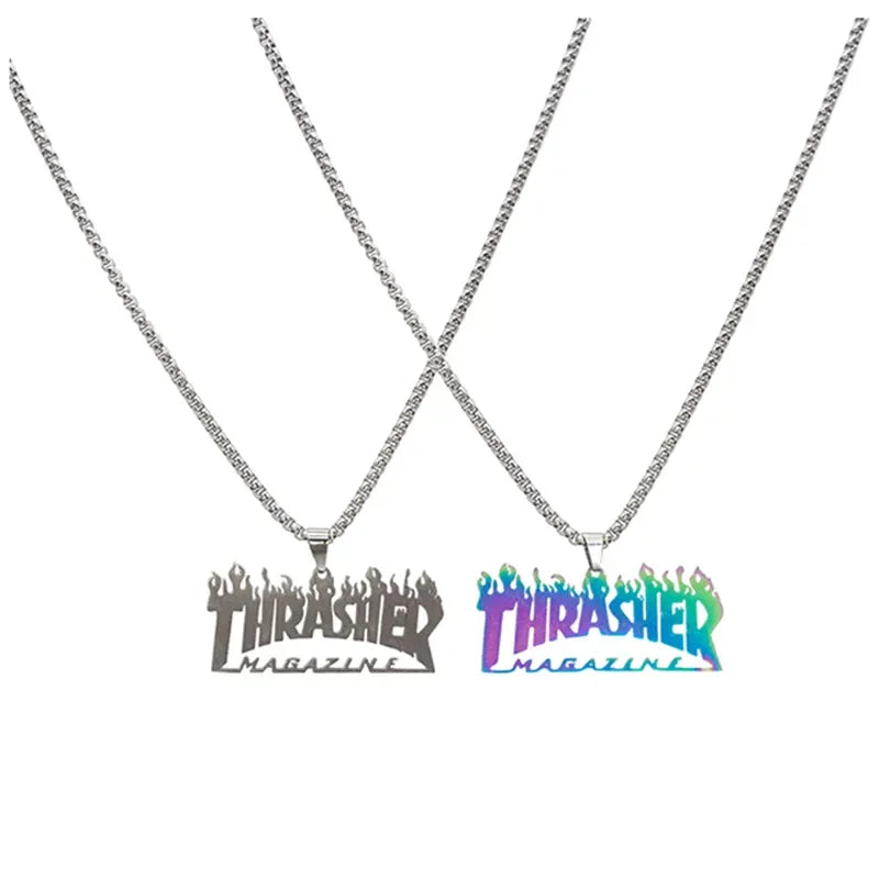 Trendy Hip-Hop Stainless Steel Letter & Flame Pendant Necklace | Street Style Rock Jewelry for Men & Women