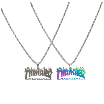 Trendy Hip-Hop Stainless Steel Letter & Flame Pendant Necklace | Street Style Rock Jewelry for Men & Women