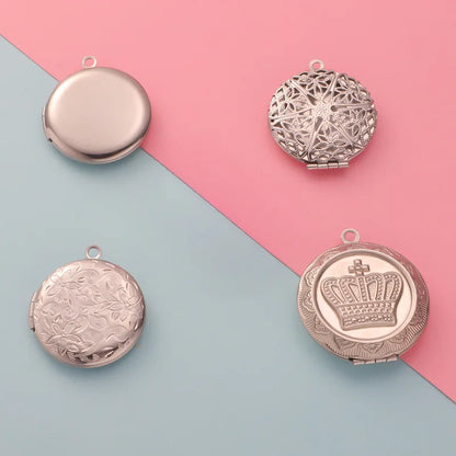 Stainless Steel Photo Locket Charms - 5-Piece Heart, Round & Square Memory Pendant Set
