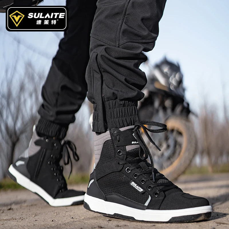 Men’s Motorcycle Boots - Breathable Anti-Fall, Road Racing Rider Shoes with Gear Shift Rubber Sole, Reflective Motorbike Boots