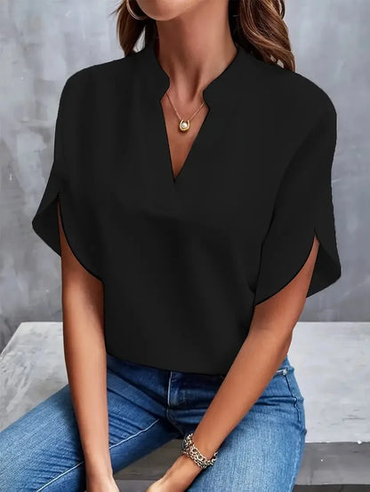 Women’s V-Neck Summer Blouse - Casual Solid Half Sleeve Loose Fit Elegant Office Pullover Shirt Top
