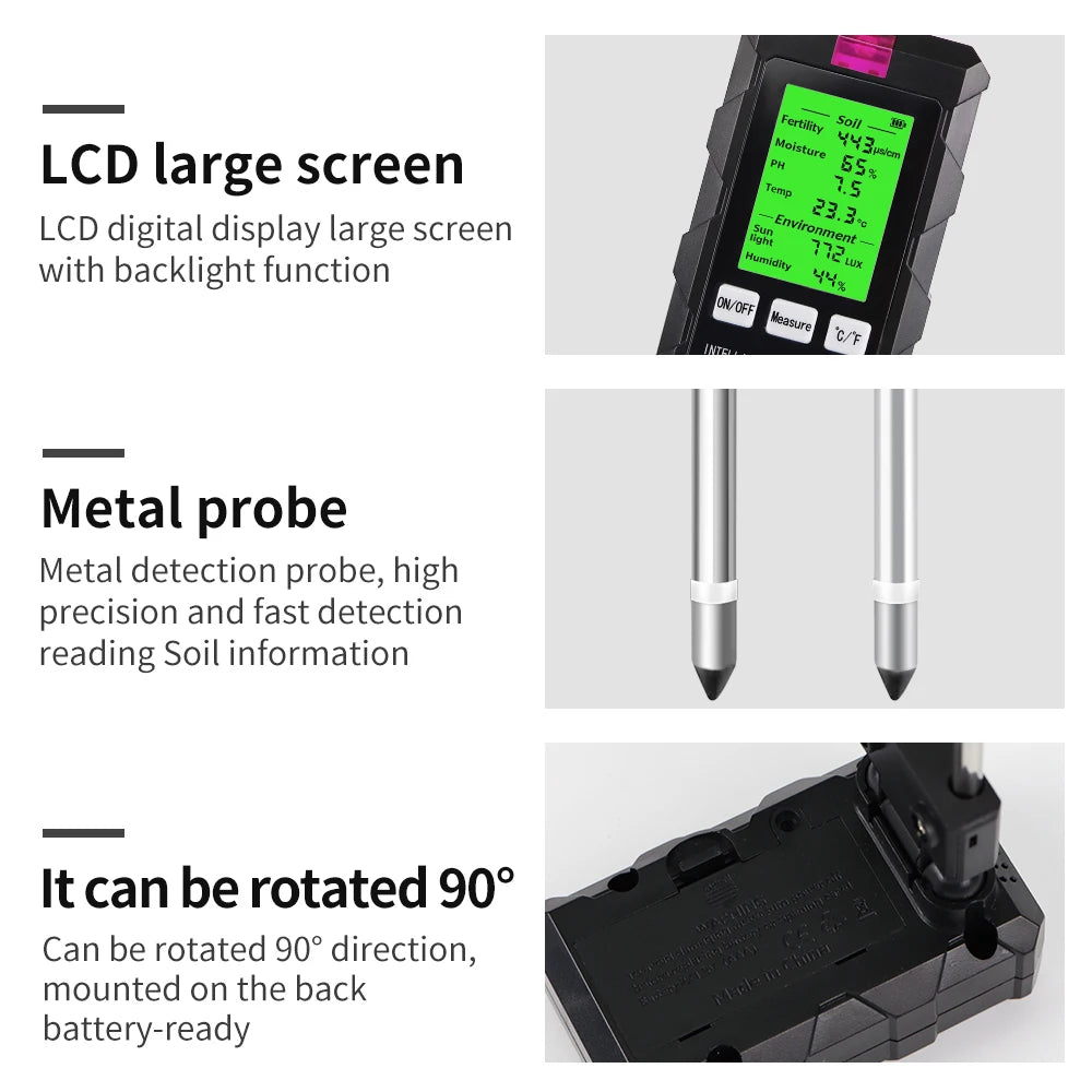 6 in 1 Soil Tester - pH, Temperature, Humidity, Sunlight, Air, Moisture & Nutrient Fertility Meter for Gardening