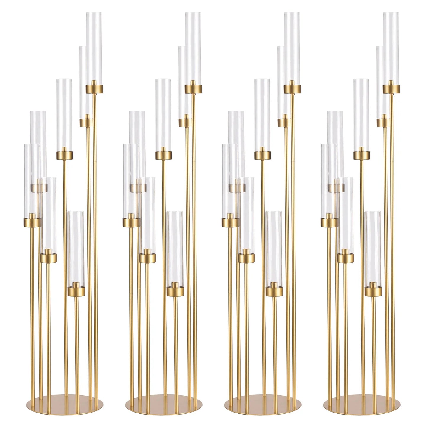 4 Sets 7-Arm Floor Candelabra – 48" Gold Metal Candlestick Holders with Removable Acrylic Lampshades, Wedding Centerpiece Decor