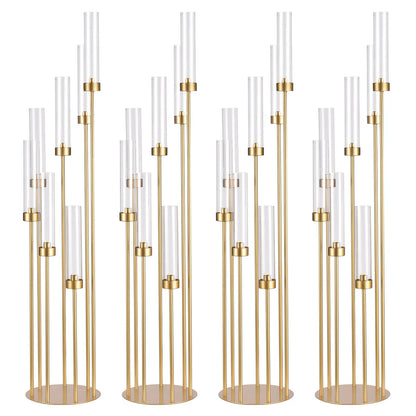 4 Sets 7-Arm Floor Candelabra – 48" Gold Metal Candlestick Holders with Removable Acrylic Lampshades, Wedding Centerpiece Decor