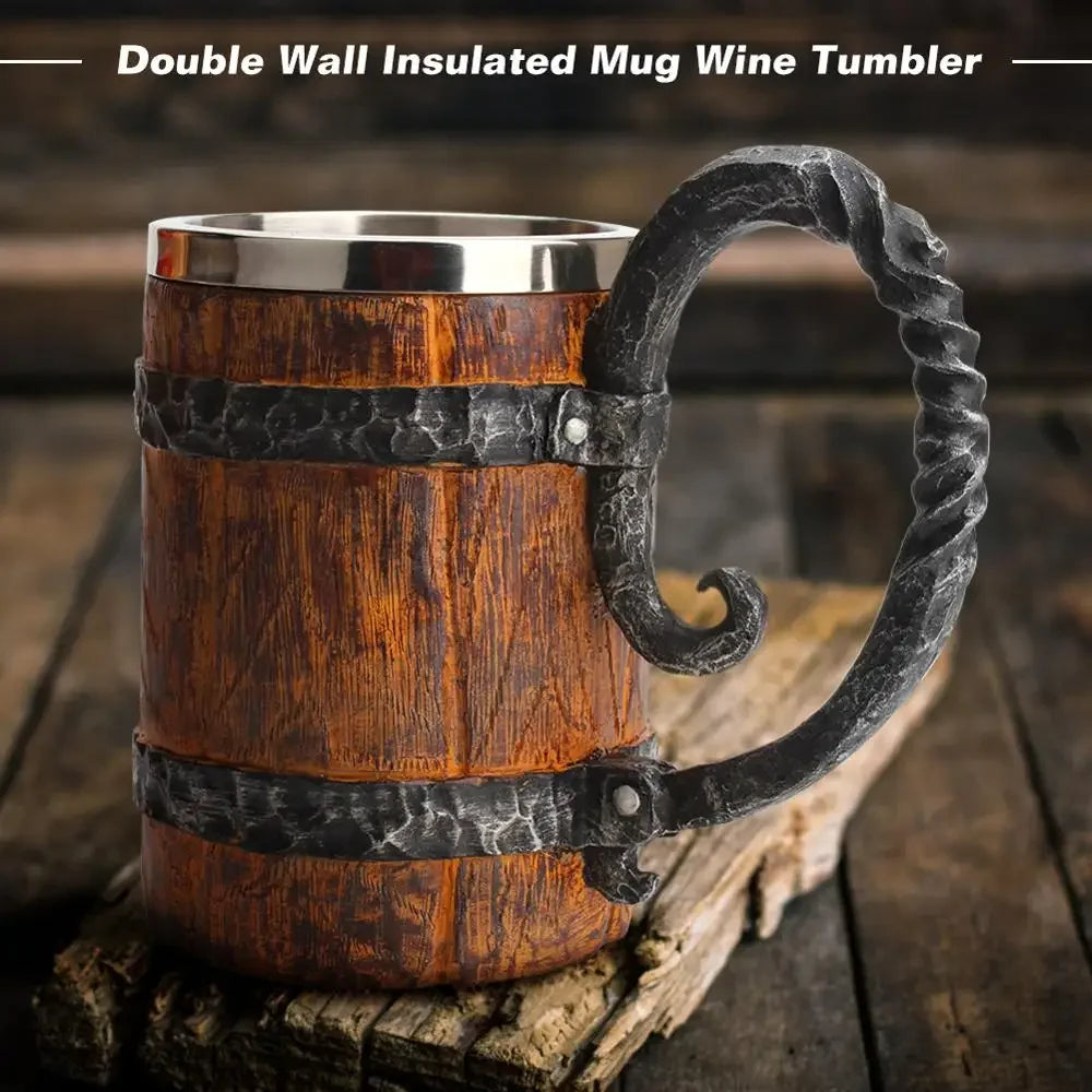Viking-Style Wooden Beer Mug – Insulated Metal Barrel Cup for Drinks (1PCS)