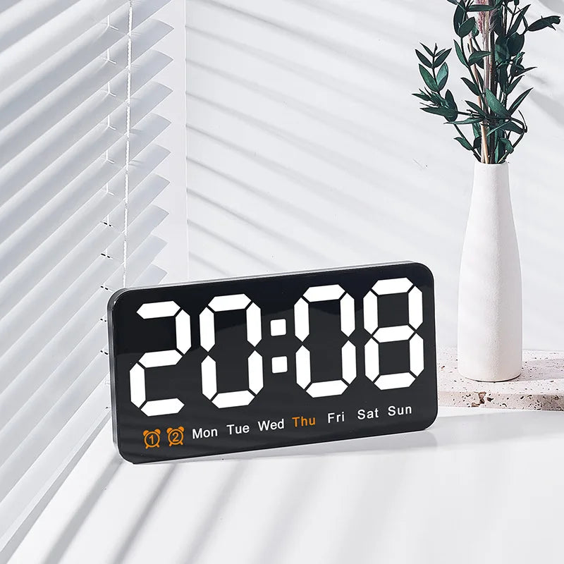 Voice Control Large Digital Wall Clock – LED Display with Temperature, Date, Week, DST, Snooze, Dual Alarm, 12/24H, Wall-Mounted or Table Use