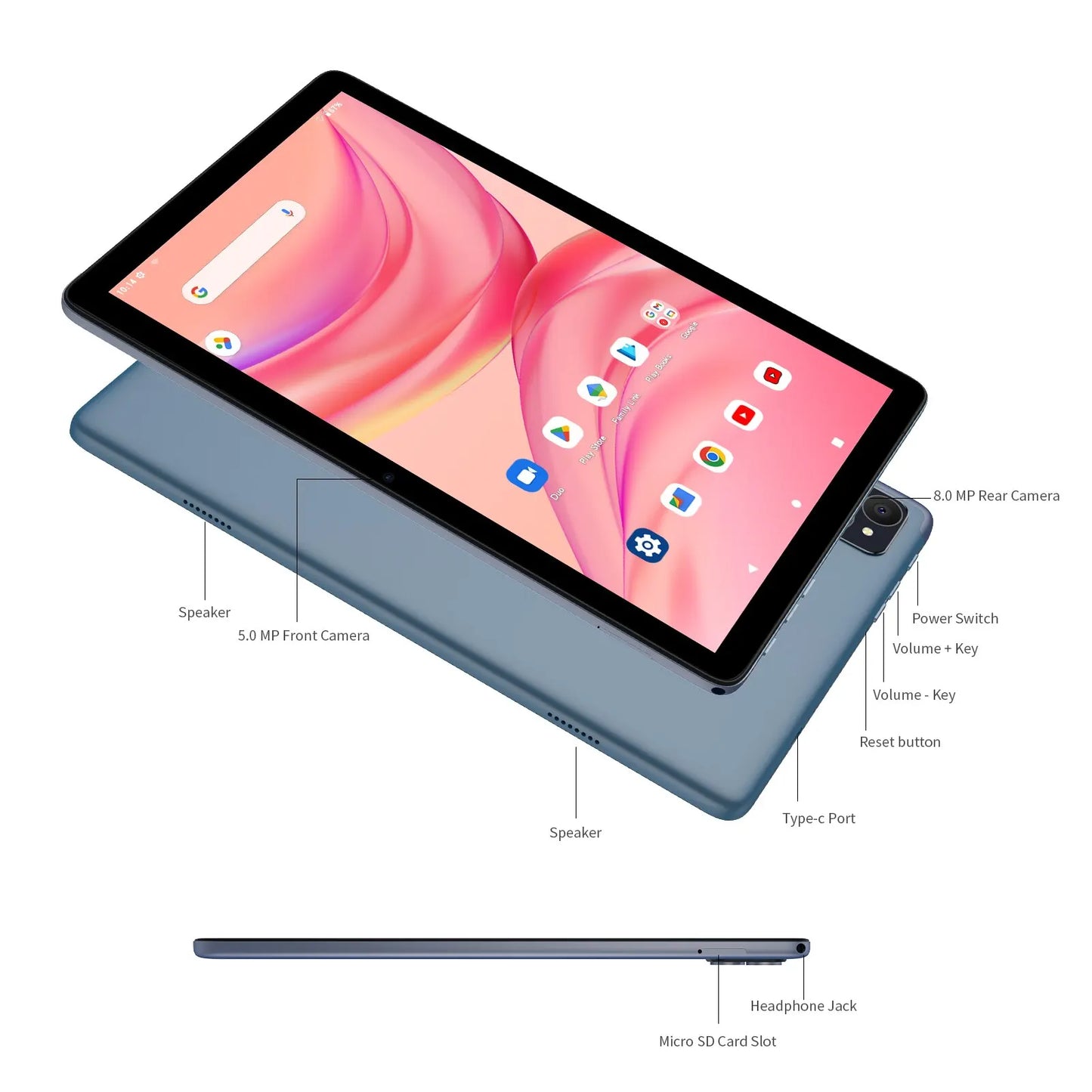 VASOUN Android 14 Tablet 10.1" — 12GB RAM, 128GB ROM, Octa-Core, Dual SIM 4G, WiFi 2.4G/5G, GPS