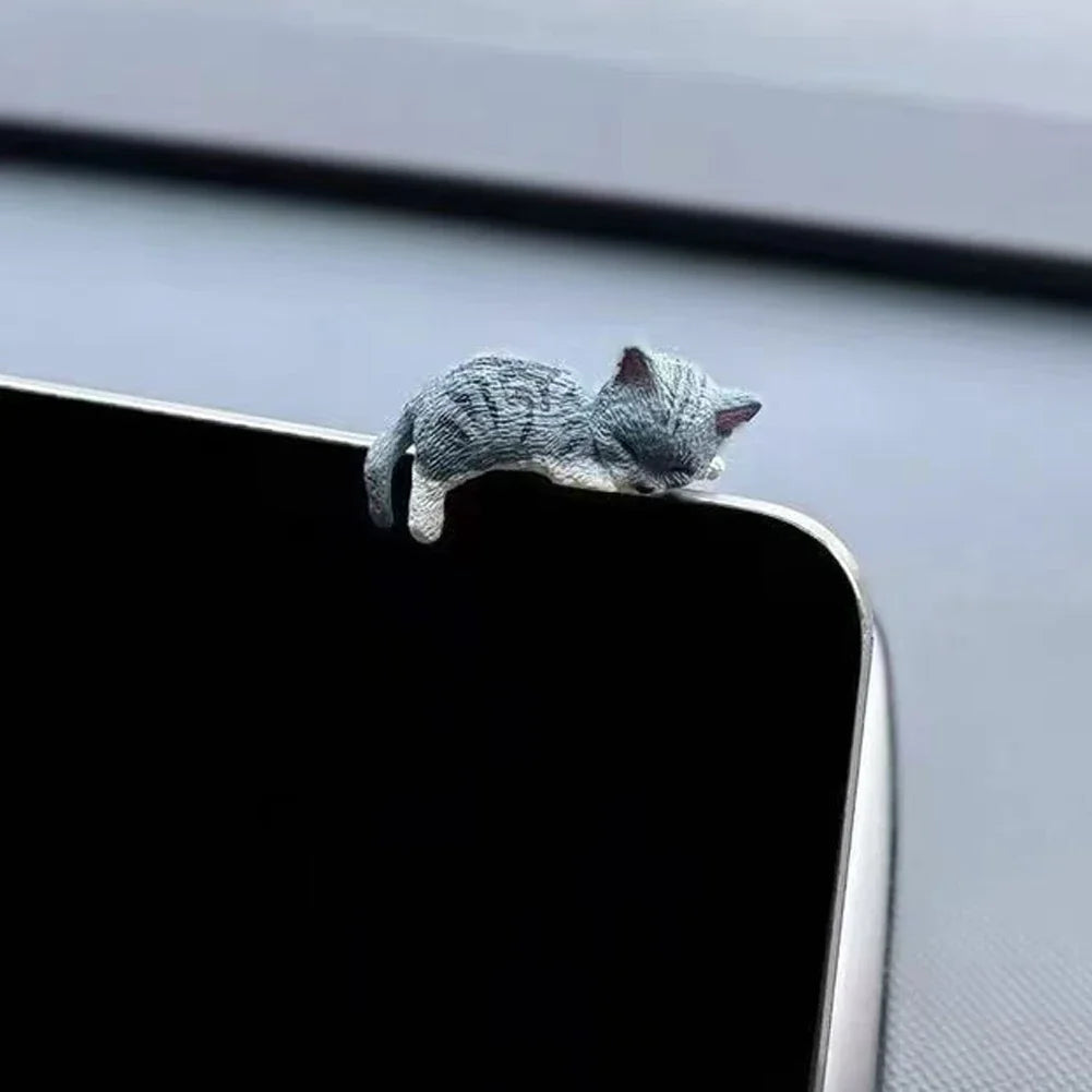 Cute Sleeping Cat Car Dashboard Ornament - Mini Cartoon Cat Decoration for Center Consoles and Navigation Screens