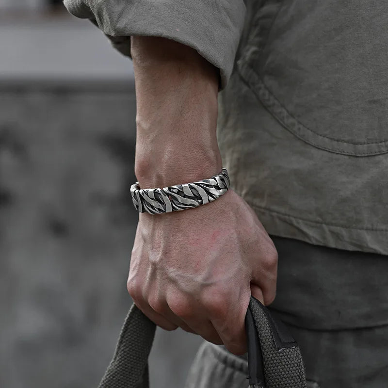 925 Sterling Silver Wide Geometric Bangle - Punk Irregular Bracelet for Men and Women - Fashion Jewelry Gift