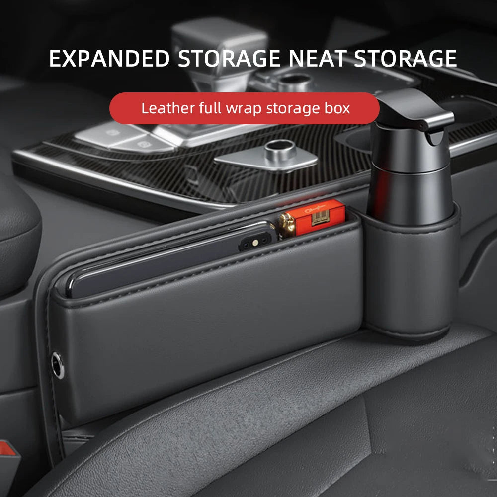 Universal Car Seat Gap Organizer Box – Multifunction Leather Storage Pocket with Cup Holder for Phone, Wallet, Keys & Cards
