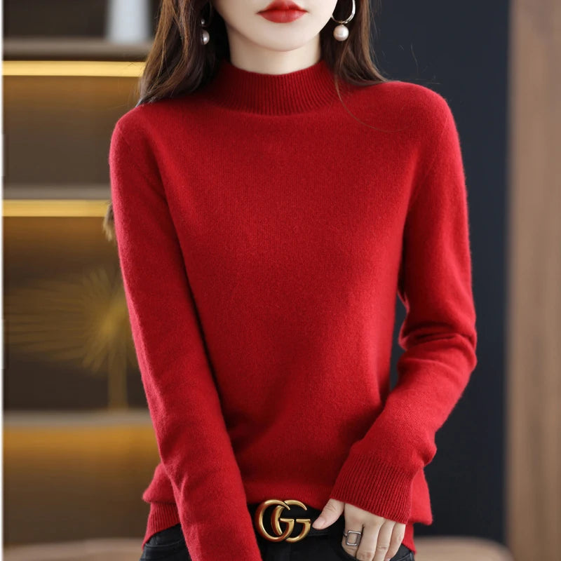 100% Pure Wool Half-Neck Pullover – New Cashmere Sweater for Women, Casual Knit Top in 19 Autumn and Winter Colors