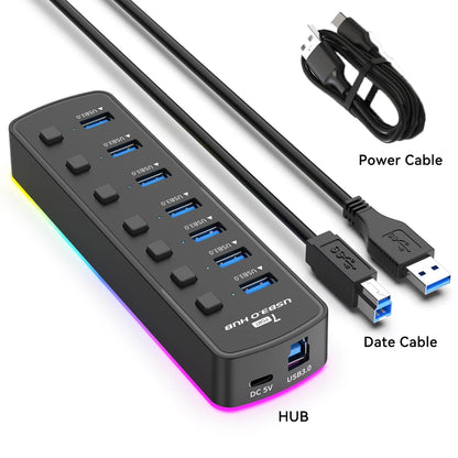 RGB 7-Port USB 3.0 Hub – 5Gbps Data Splitter with Individual On/Off Switch for Laptop & PC Gaming