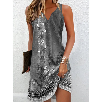 2023 Women's Summer Boho Mini Dress – Vintage Floral Print, V-Neck, Sleeveless Button, Plus Size Vestidos