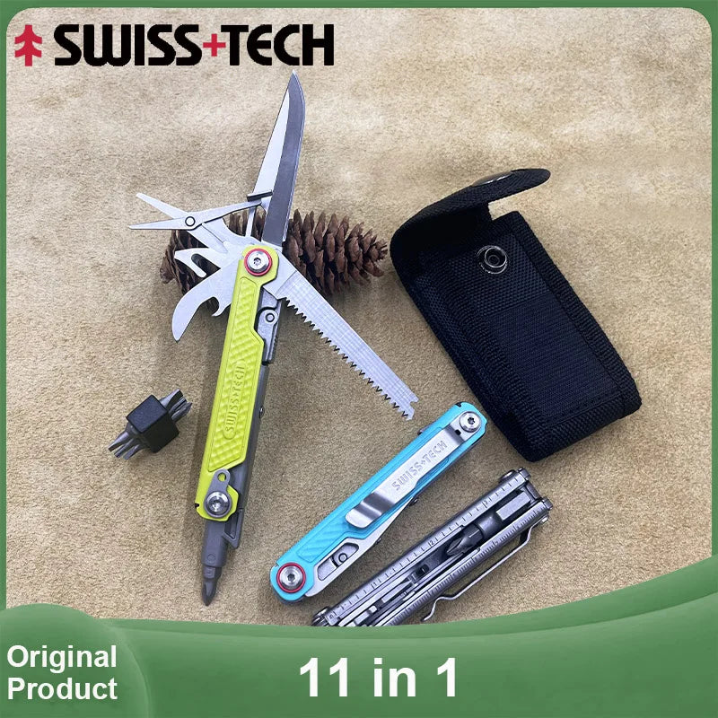 SWISS TECH 11-in-1 Mini Multitool - Folding EDC Camping Tool with Scissors, Screwdriver & Clip